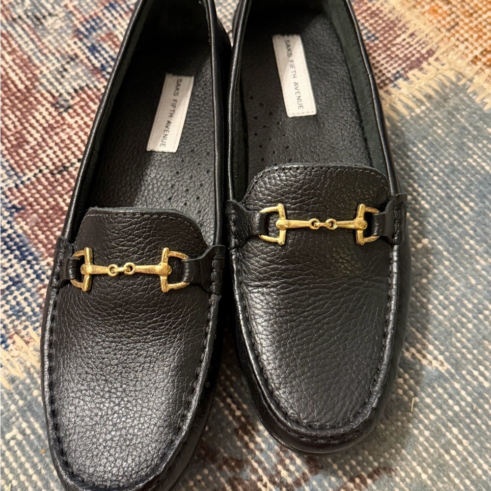 Saks fifth ave  Black Loafers with Gold Detail